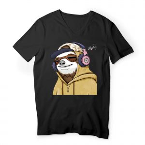 T-shirt Homme Col V - 100 % coton bio, Portrait du chillhop sloth